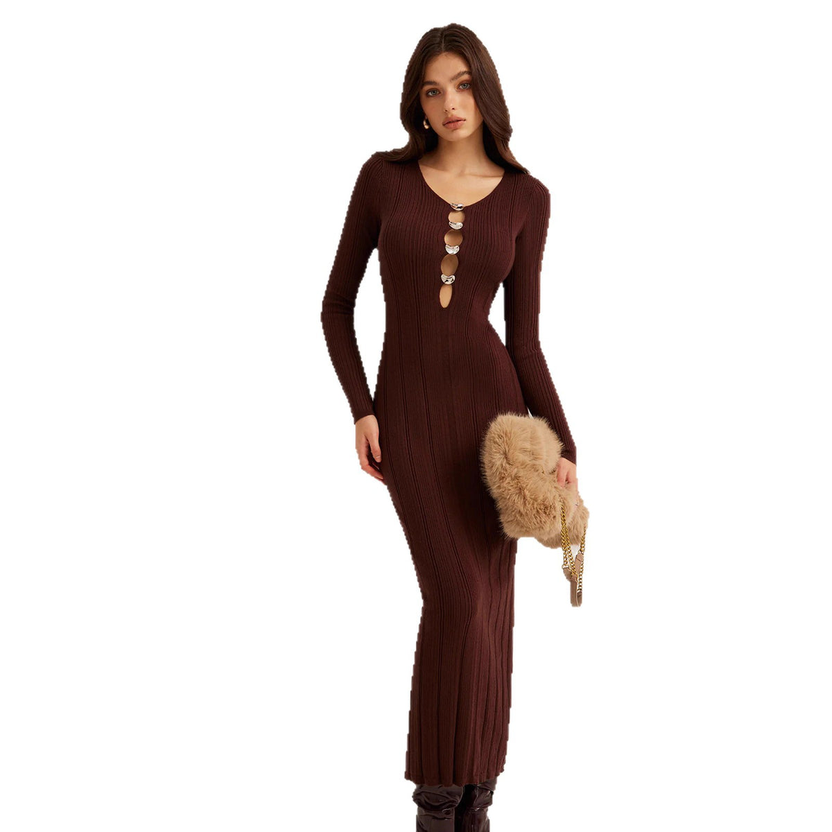 Back view of brown knit midi dress with slim-fit long sleeves, Noir Riviera