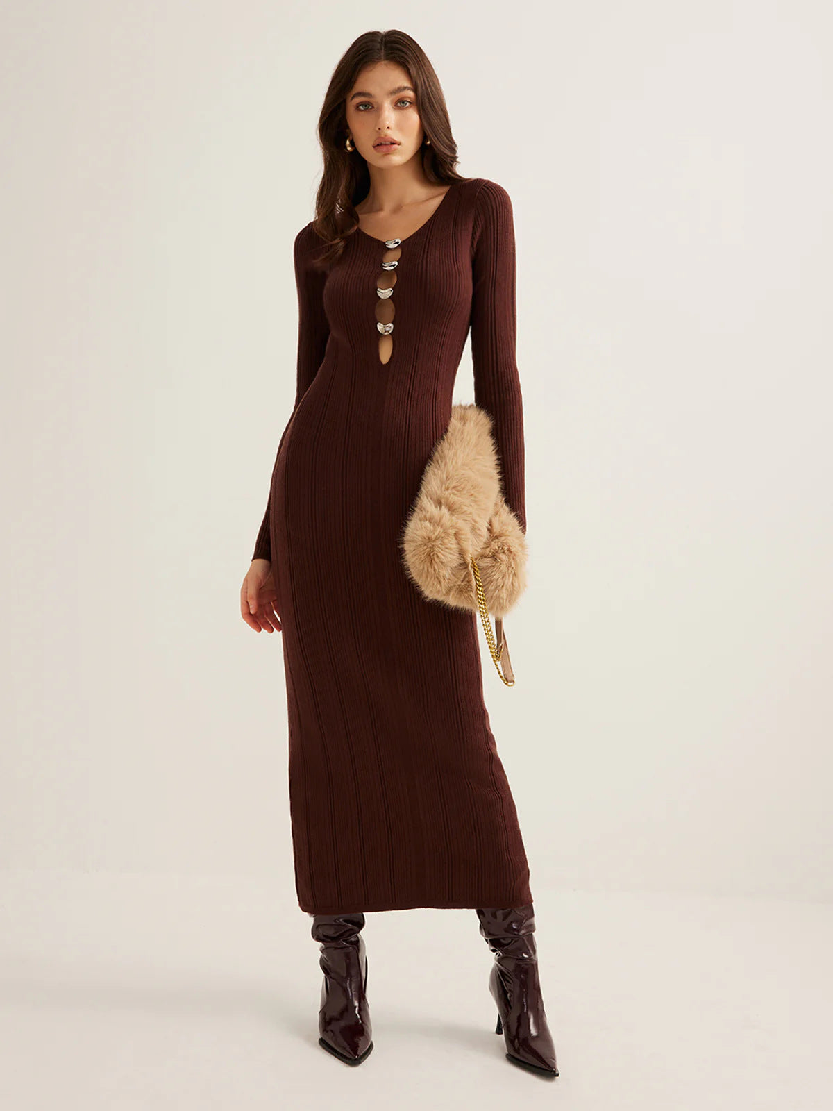 Styled look of retro European knit midi dress, quiet luxury women's dress, Noir Riviera